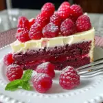 Delicious homemade Raspberry Cake topped with fresh raspberries