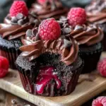 Raspberry Chocolate Lava Cupcake with molten chocolate center and raspberry topping