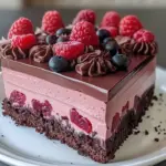 Delicious Raspberry Chocolate Mousse Cake topped with fresh raspberries