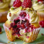 Delicious raspberry pistachio cheesecake cupcakes decorated with fresh fruit