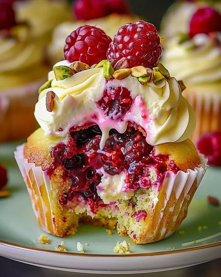 Raspberry Pistachio Cheesecake Cupcakes