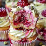 Raspberry Pistachio Fluffy Cupcakes topped with fresh raspberries and pistachios