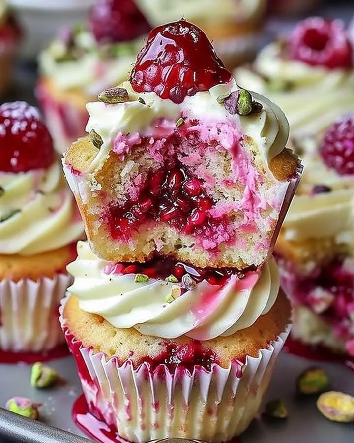 Raspberry Pistachio Fluffy Cupcakes