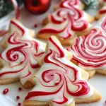 Red and white peppermint swirl cookies on a decorative plate