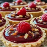 Delicious raspberry tarts topped with fresh raspberries and cream.