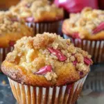 Delicious rhubarb muffins with a cinnamon sugar topping, freshly baked.