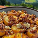 Roasted walnut potatoes with maple goat cheese topping on a plate