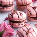 Plate of rose dark chocolate macarons with delicate pink rose petals