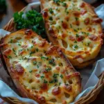 Savory cheesy garlic bread with melted cheese and garlic on toasted bread
