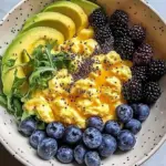 Healthy scrambled eggs breakfast bowl with avocado and berries