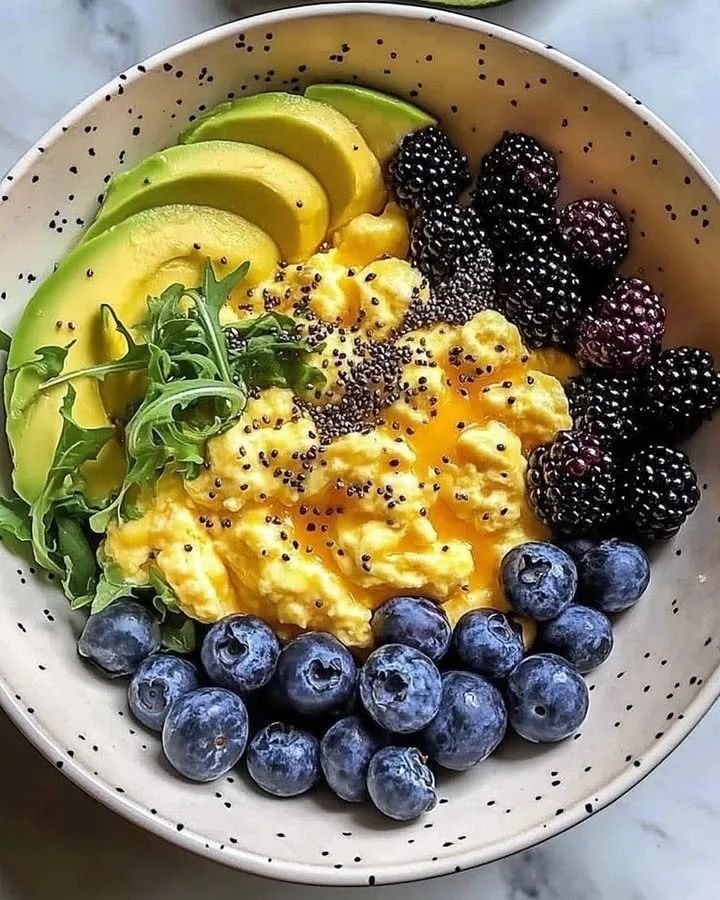 Scrambled Eggs Avocado Berries Breakfast Bowl