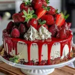 Silky strawberry cheesecake dessert with fresh strawberries on top
