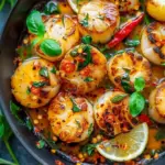 Delicious spicy Thai basil scallops served on a plate with fresh herbs.