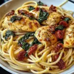 Spinach Sun-Dried Tomato Chicken Pasta dish garnished with fresh herbs.