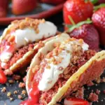 Delicious strawberry cheesecake tacos with a crunchy shell and creamy filling.