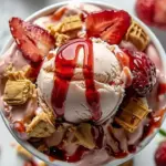 Delicious strawberry cheesecake swirl ice cream in a bowl with fresh strawberries