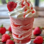 Strawberry Cream Frappuccino topped with whipped cream and fresh strawberries