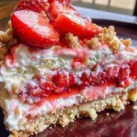 Strawberry Crunch Cheesecake with crushed topping and fresh strawberries