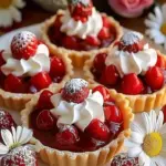 Delicious strawberry meringue tartlets topped with fresh strawberries.