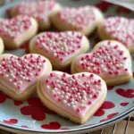 Decorated Sweet Valentine's Sugar Cookies in heart shapes.