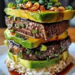 Teriyaki Beef Avocado Rice Stack with fresh ingredients and vibrant colors.