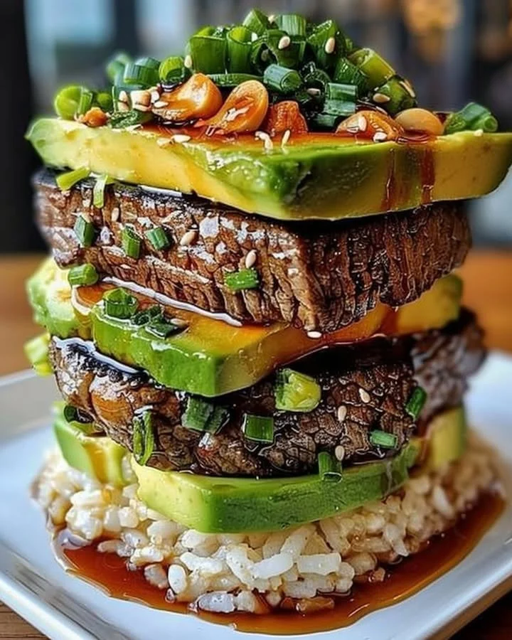 Teriyaki Beef Avocado Rice Stack