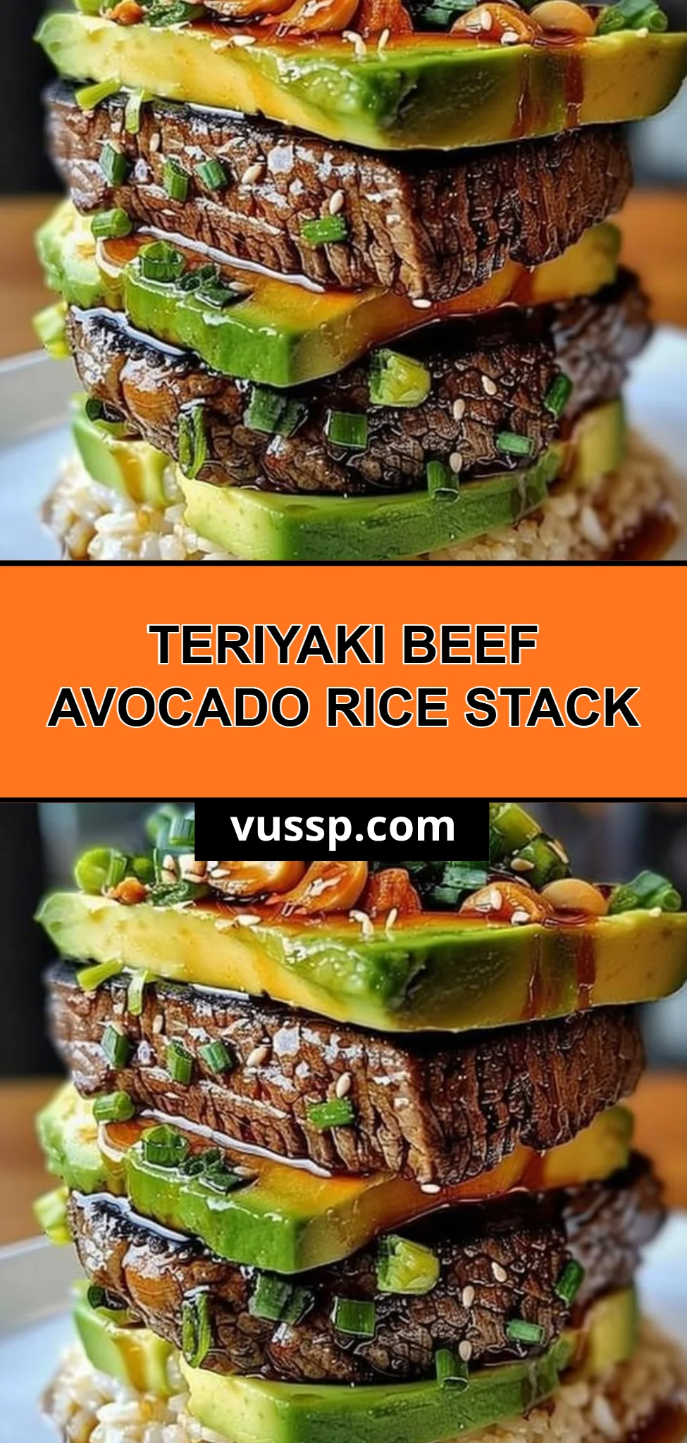 Teriyaki Beef Avocado Rice Stack