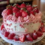 Slice of ultimate strawberry cake topped with fresh strawberries and whipped cream