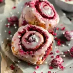 Delicious red velvet cinnamon rolls topped with cream cheese frosting for Valentine's Day.