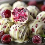 White chocolate raspberry cheesecake bites topped with fresh raspberries.