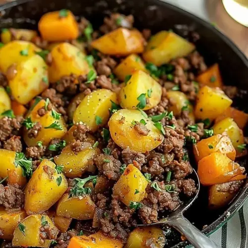 Beef and Potatoes Skillet recipe with vibrant vegetables and spices