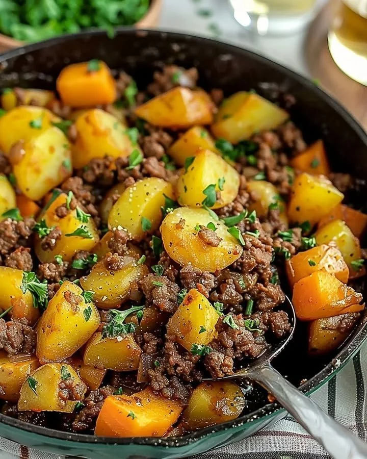 Beef and Potatoes Skillet recipe with vibrant vegetables and spices