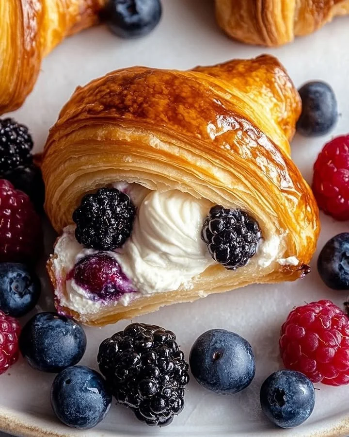 Berries and cream filled croissants on a plate, fresh and inviting.