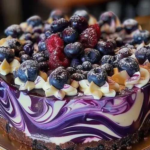 Slice of berry swirl cheesecake with berry topping