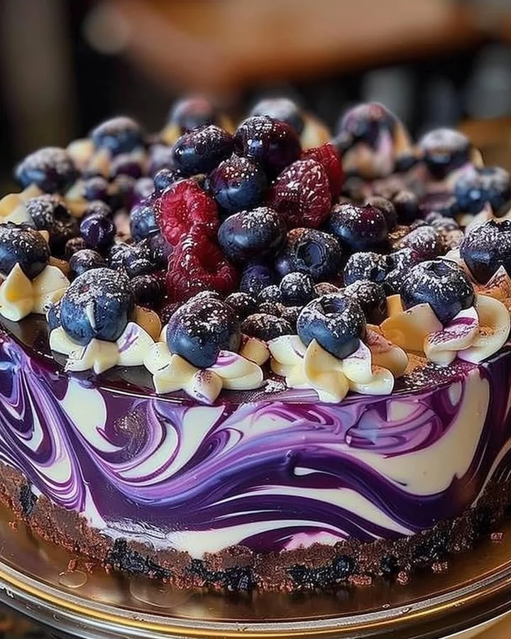 Slice of berry swirl cheesecake with berry topping