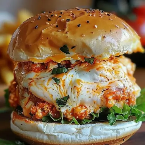 Delicious Buffalo Chicken Lasagna Burger with melted cheese and spicy sauce