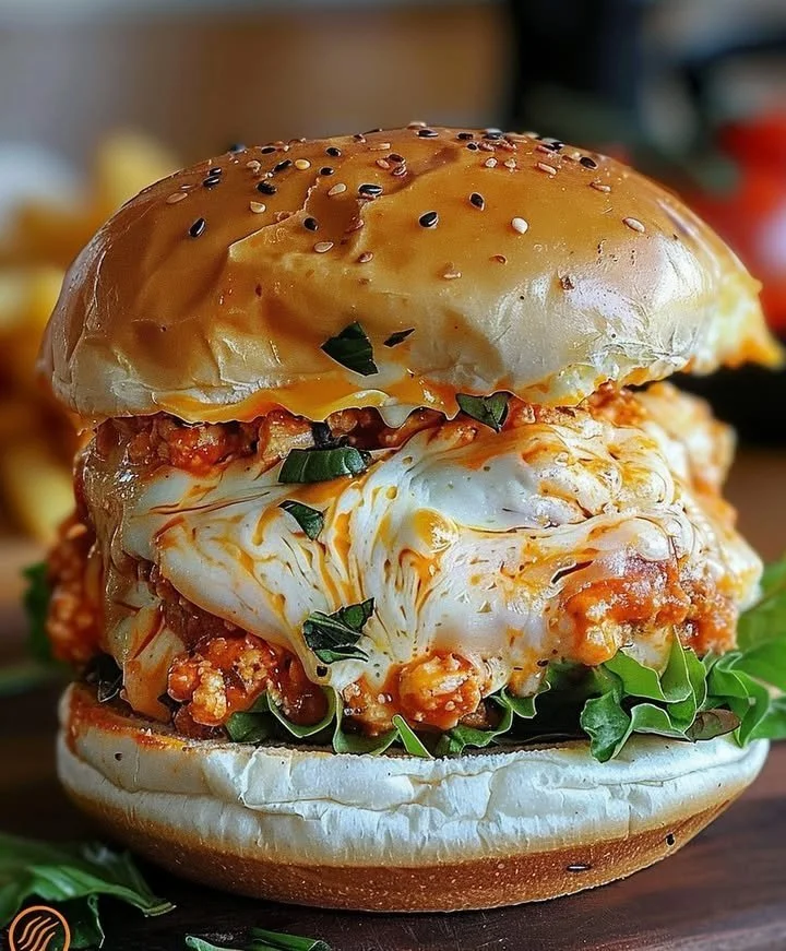 Delicious Buffalo Chicken Lasagna Burger with melted cheese and spicy sauce