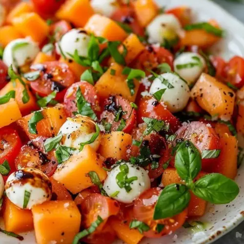 Fresh salad featuring cantaloupe and heirloom tomatoes arranged beautifully.