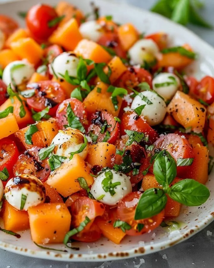 Fresh salad featuring cantaloupe and heirloom tomatoes arranged beautifully.