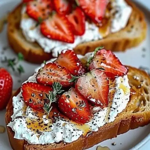 Charred strawberry whipped ricotta toast topped with fresh strawberries and mint