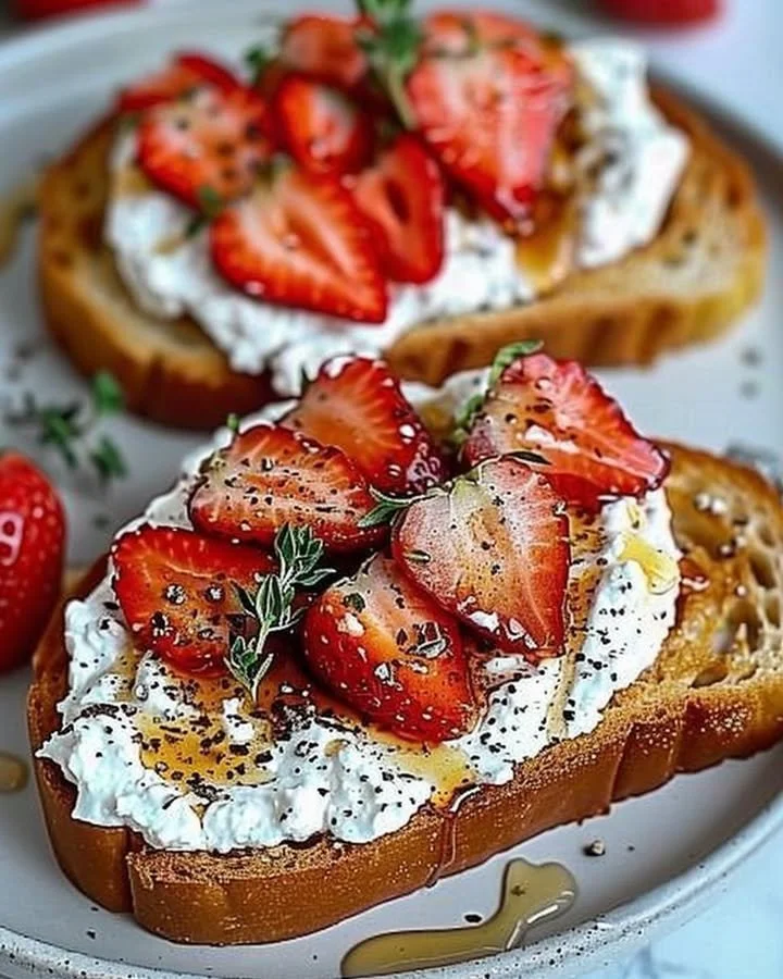 Charred strawberry whipped ricotta toast topped with fresh strawberries and mint