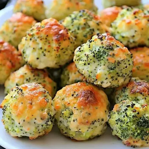 Cheesy baked broccoli balls served on a plate garnished with herbs