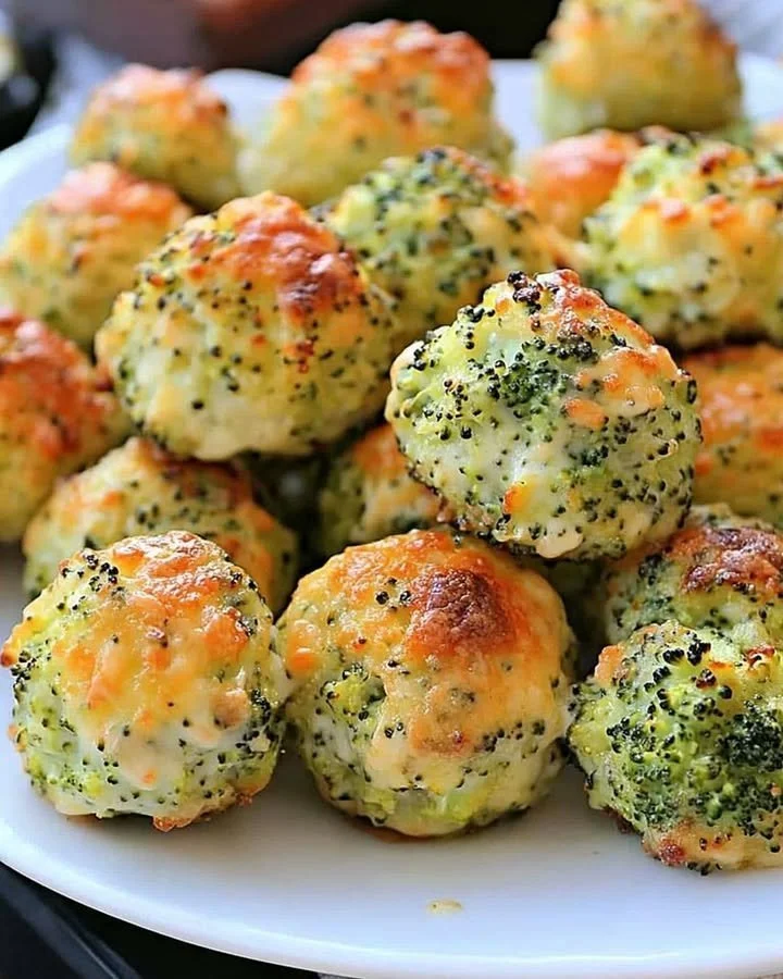 Cheesy baked broccoli balls served on a plate garnished with herbs