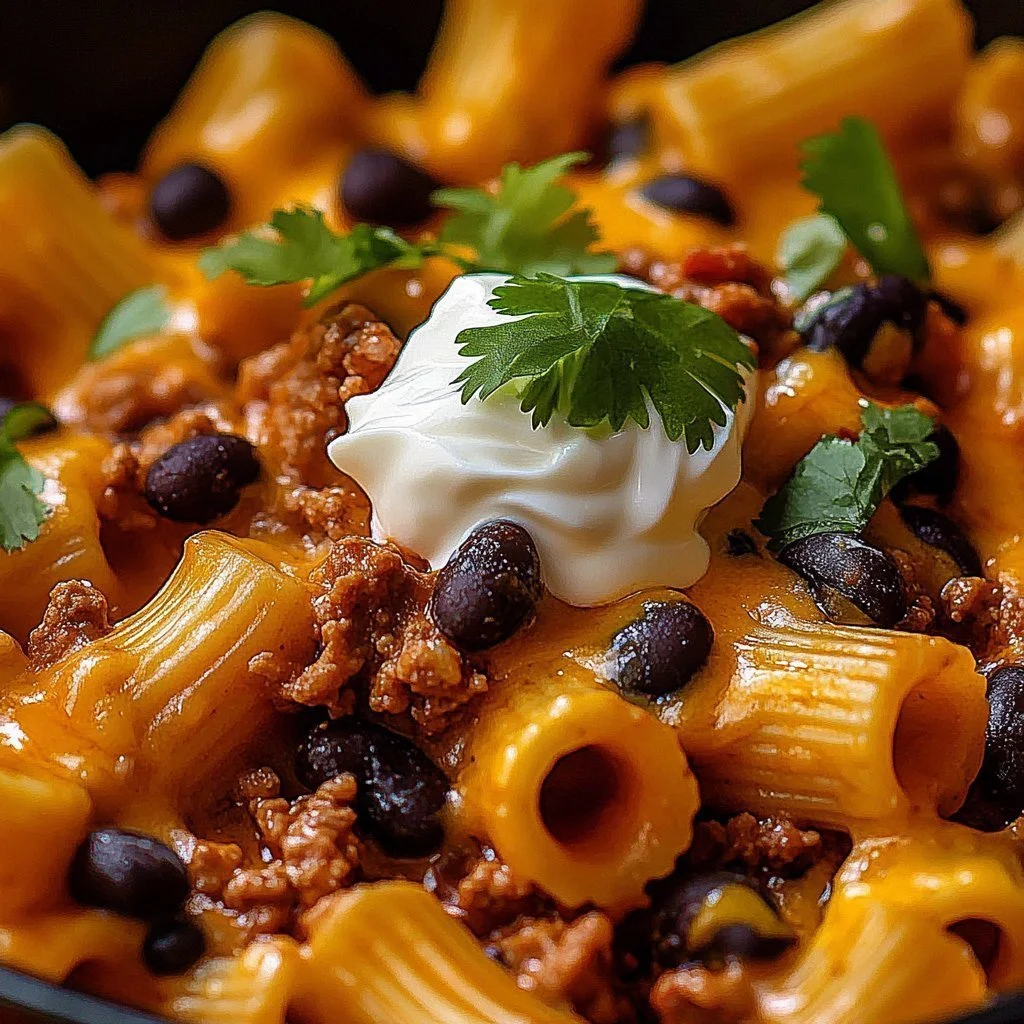 Plate of cheesy beef enchiladas with tortellini, garnished with fresh herbs