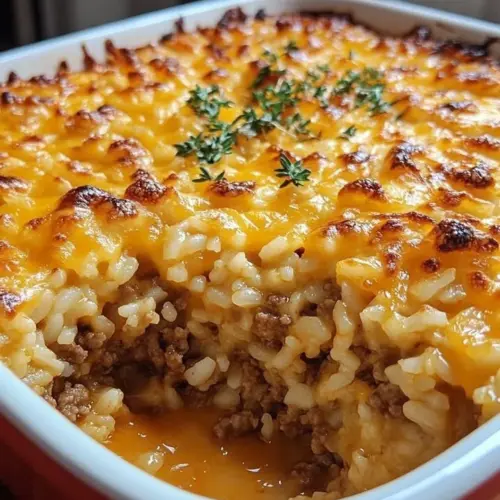 Delicious cheesy beef rice casserole baked to perfection with melted cheese.