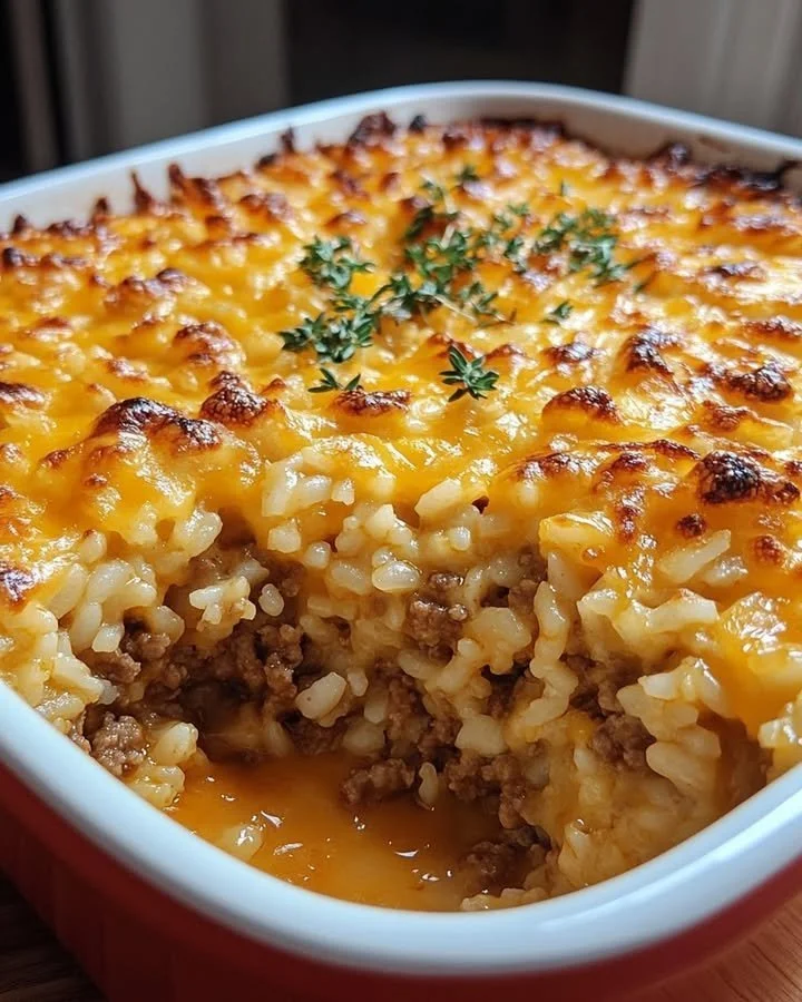 Delicious cheesy beef rice casserole baked to perfection with melted cheese.