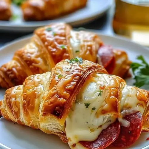 Cheesy pepperoni croissant bites served on a plate