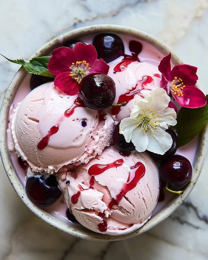 Delicious Cherry Blossom Ice Cream served in a bowl with cherry flowers
