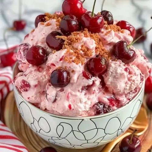 Slice of Cherry Cloud Cheesecake with cherry topping on a plate