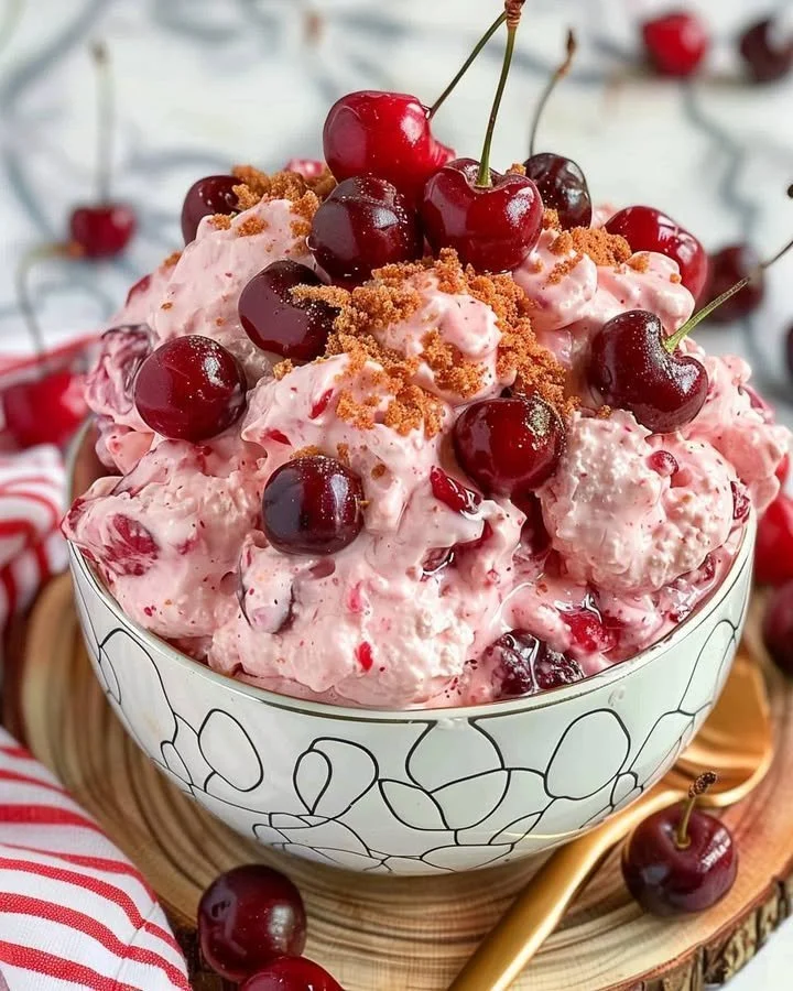 Slice of Cherry Cloud Cheesecake with cherry topping on a plate